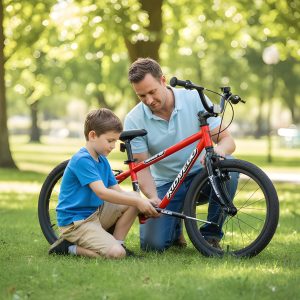 AZUR Mini Bike Pump – Lightweight Hand Pump (Presta & Schrader) Boy and Father pumping tyre