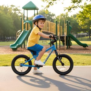 Kidvelo-Rookie-14-Balance-Bike-Blue-Boy-rides-park-hero