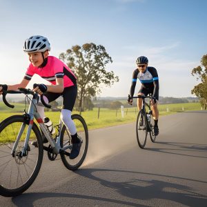 Montasen Kids Road Bike R05 - Teal : White Performance Youth Bike out for a road ride with father