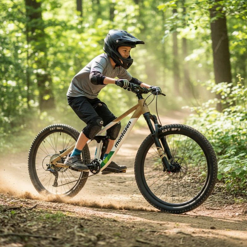 Montensan Kids Downhill Mountain Bike action shot on single trail