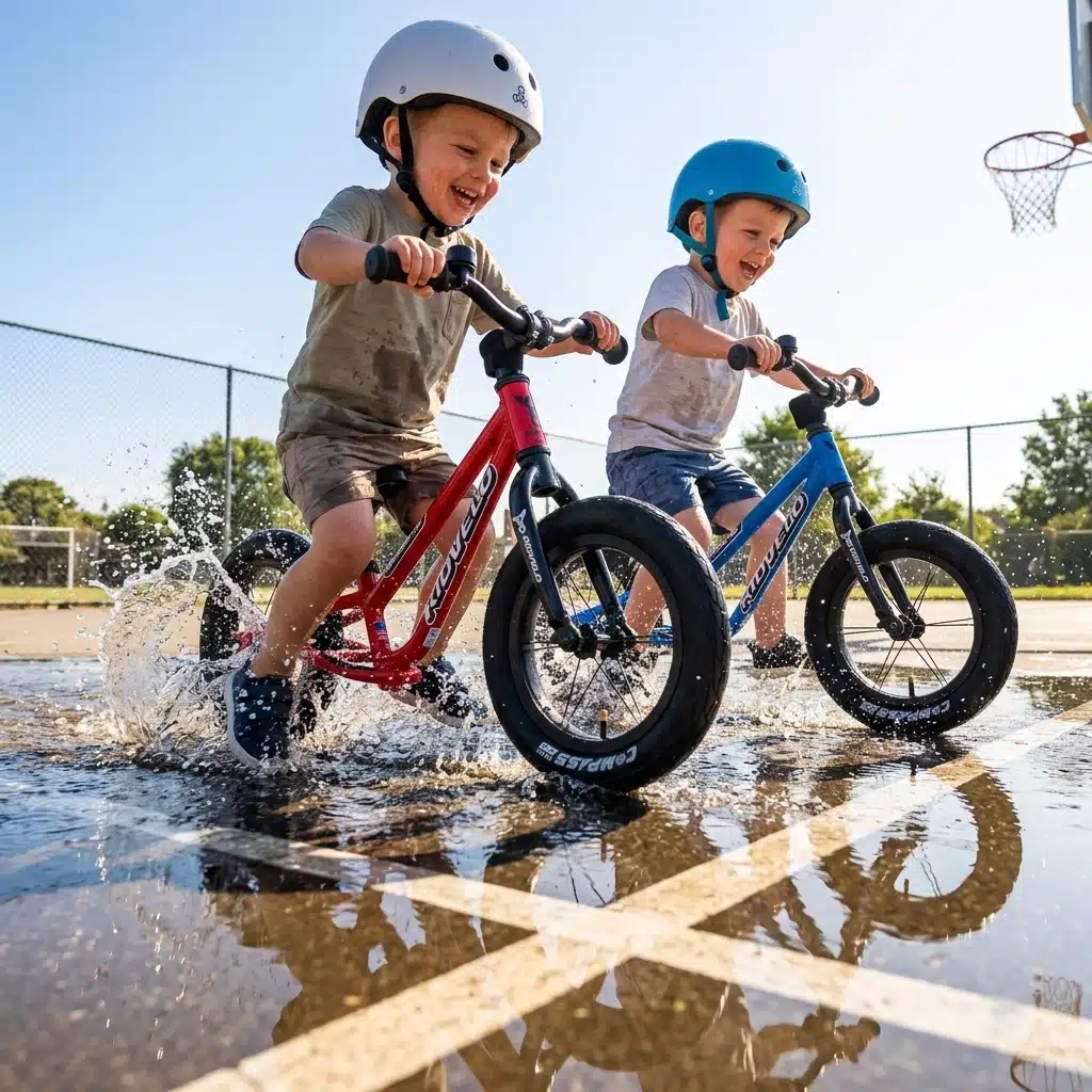 Kidvelo Rookie 12 balance bike Lifestyle image of two boys riding through a water puddle on a basketball court